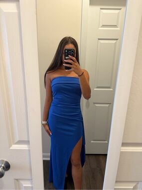 Strapless Royal Blue Slit Formal Dress Wedding Guest Prom